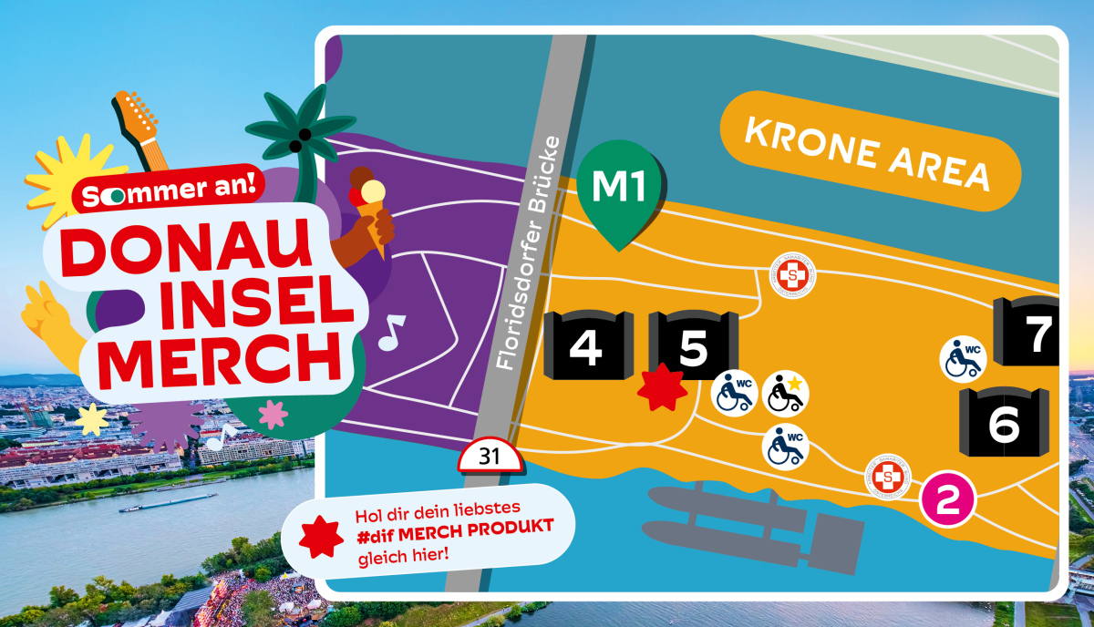 Lageplan des Donauinselfests mit markiertem Standort des Merchstands